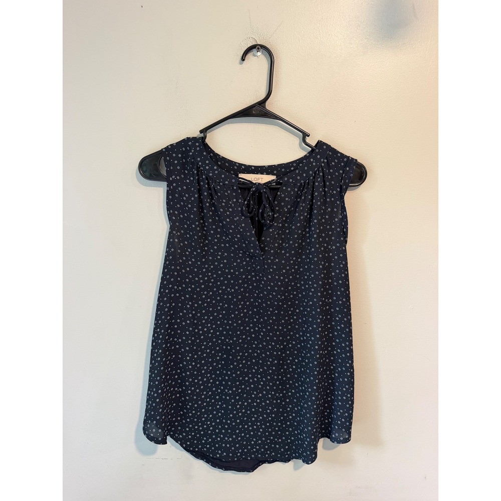 Loft Navy Blue Floral Dot Sleeveless Tie Neck Blouse Top Small Womens